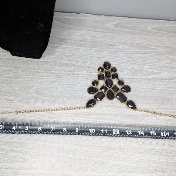 Gold Tone & Black Faceted Gems Statement Bib Necklace w/ Lobster Claw Clasp - Picture 9 of 11